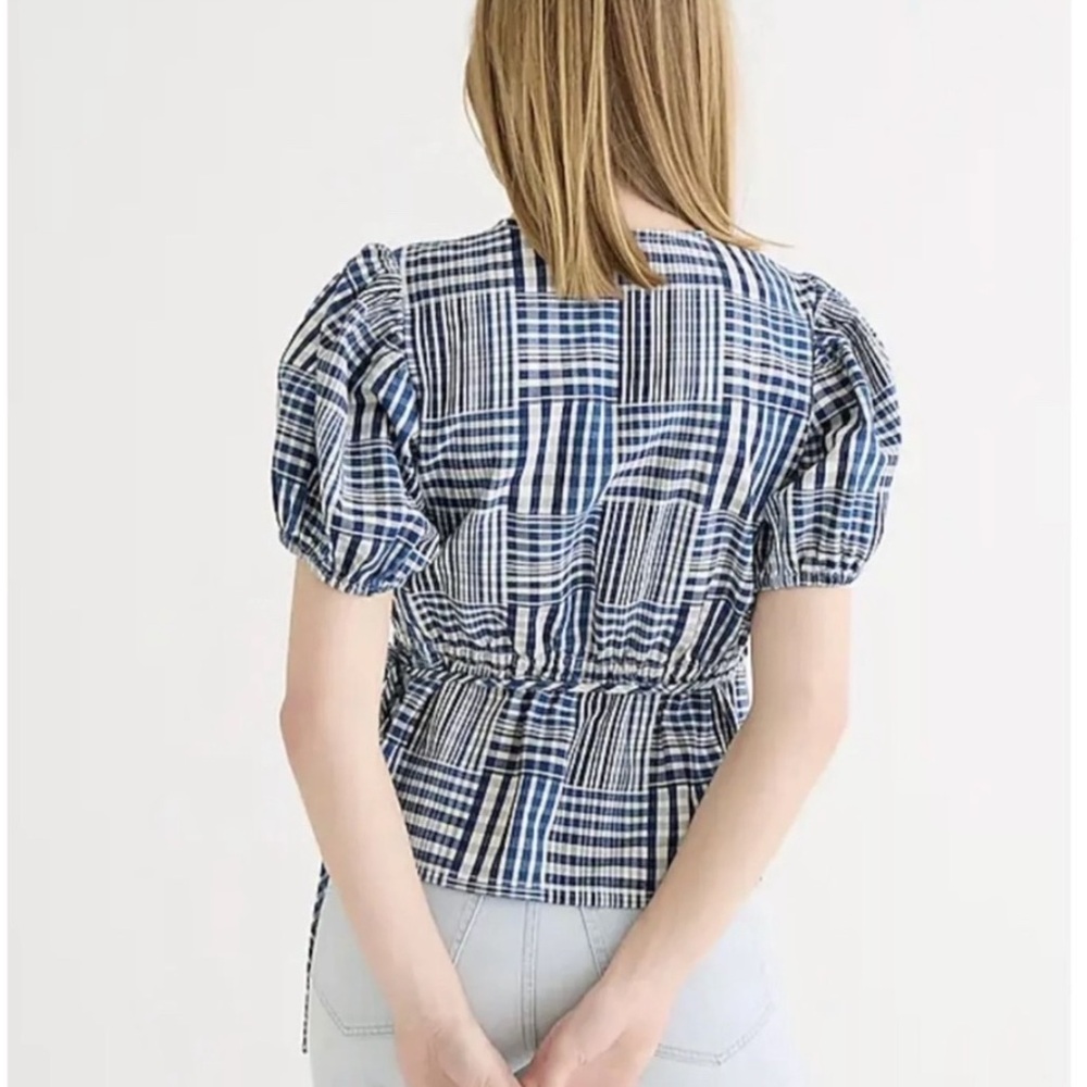 J. CREW Women's Puff Sleeve Wrap Top Indigo Patchwork Blouse 100% Cotton Size XL - Picture 7 of 16